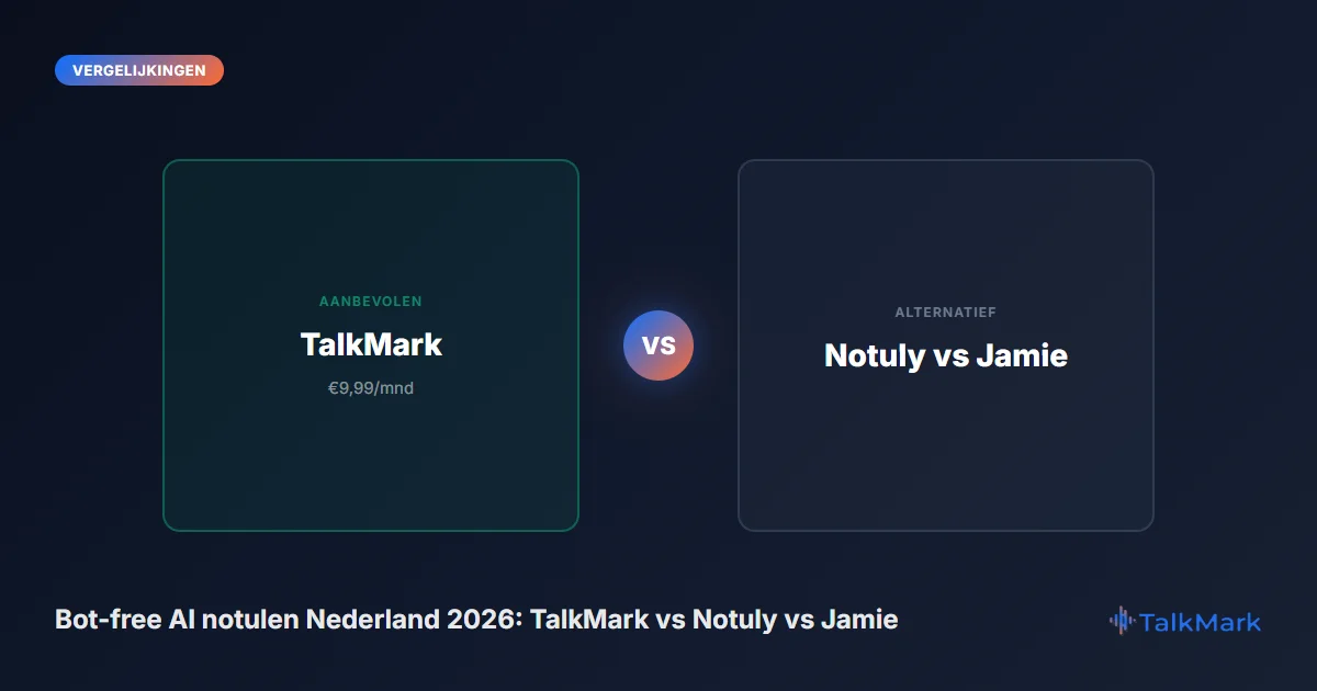 Bot-free AI notulen Nederland 2026: TalkMark vs Notuly vs Jamie